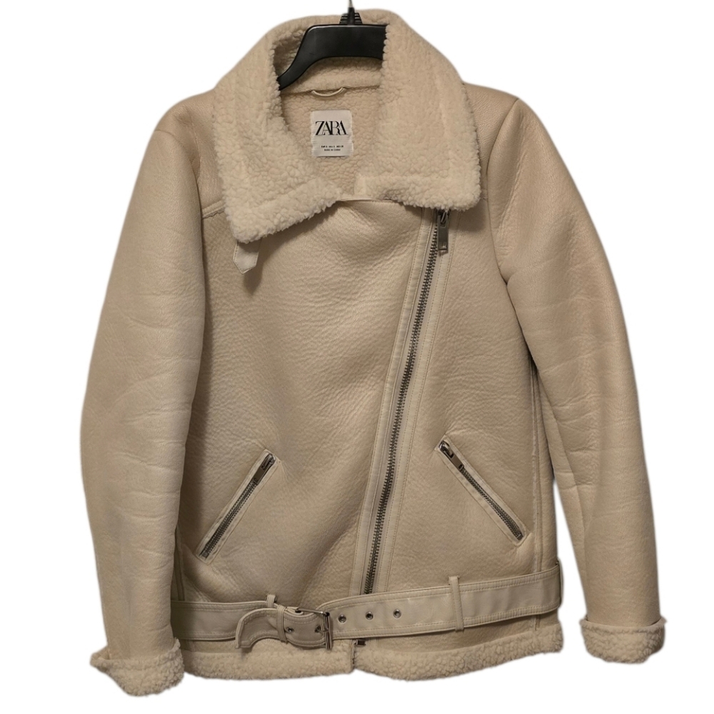 Zara Faux Leather Cream Biker Jacket Size Small